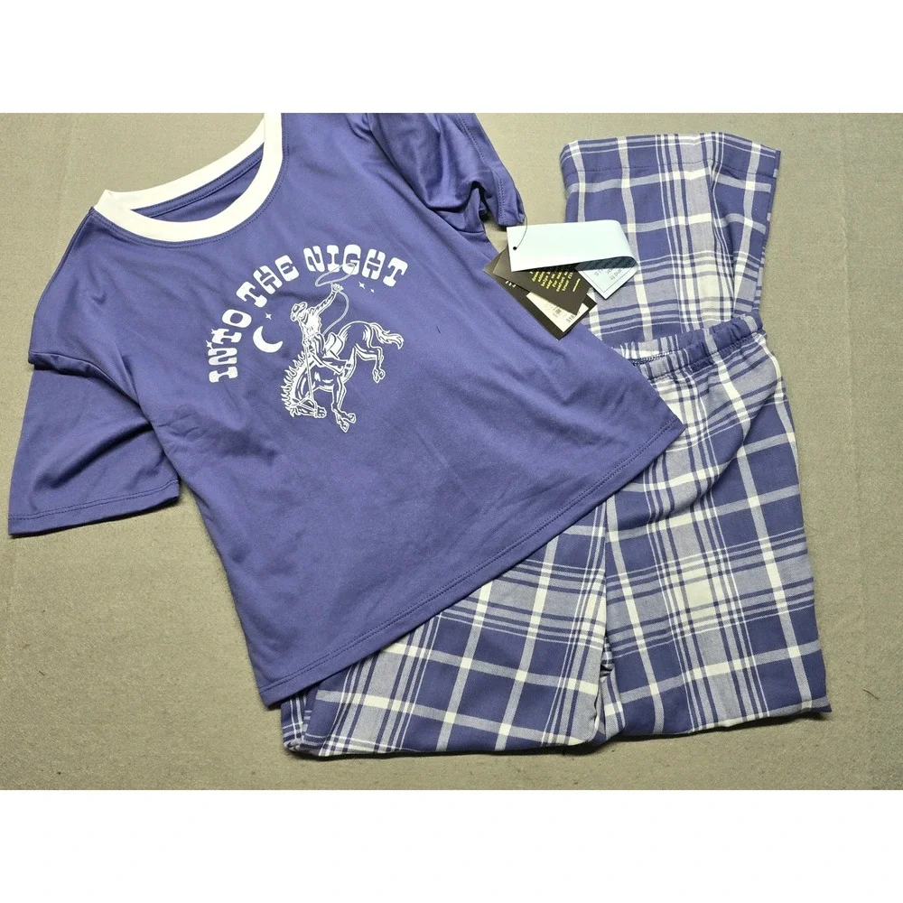 Art Class Kids Into The Night Cowboy Pajama Set Purple Plaid Size M 8 NWT